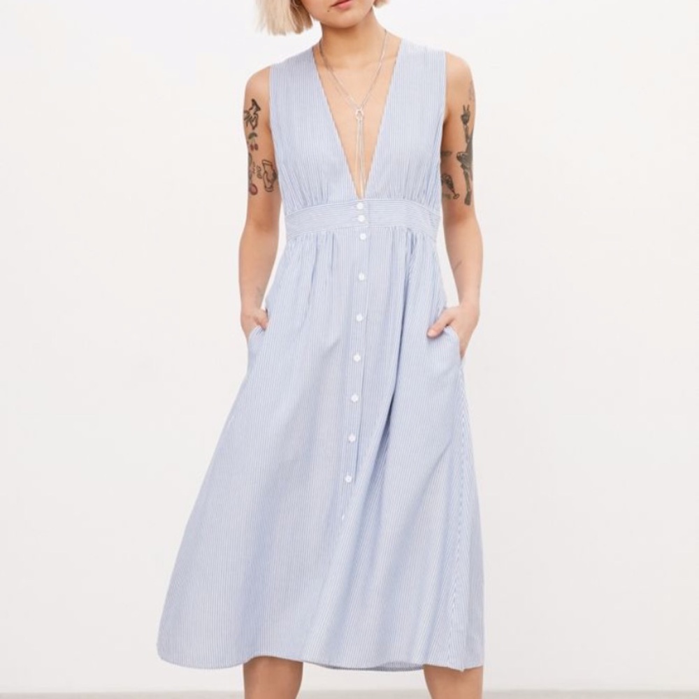 KIMCHI BLUE- Blue Plunging Button Down Midi Dress